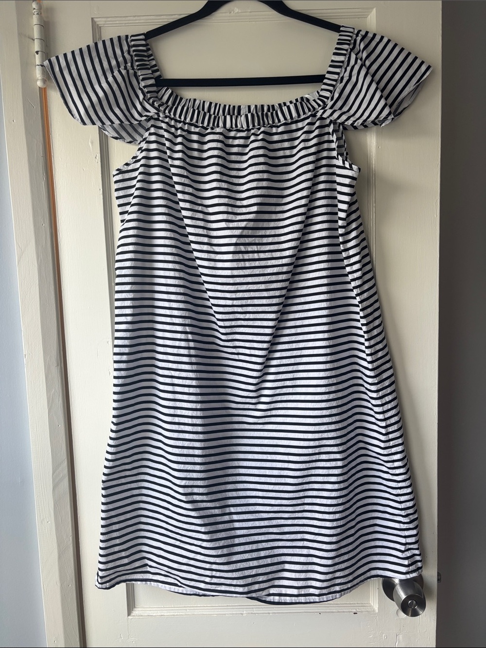 J. Crew Black and White Striped Off-Shoulder Dress